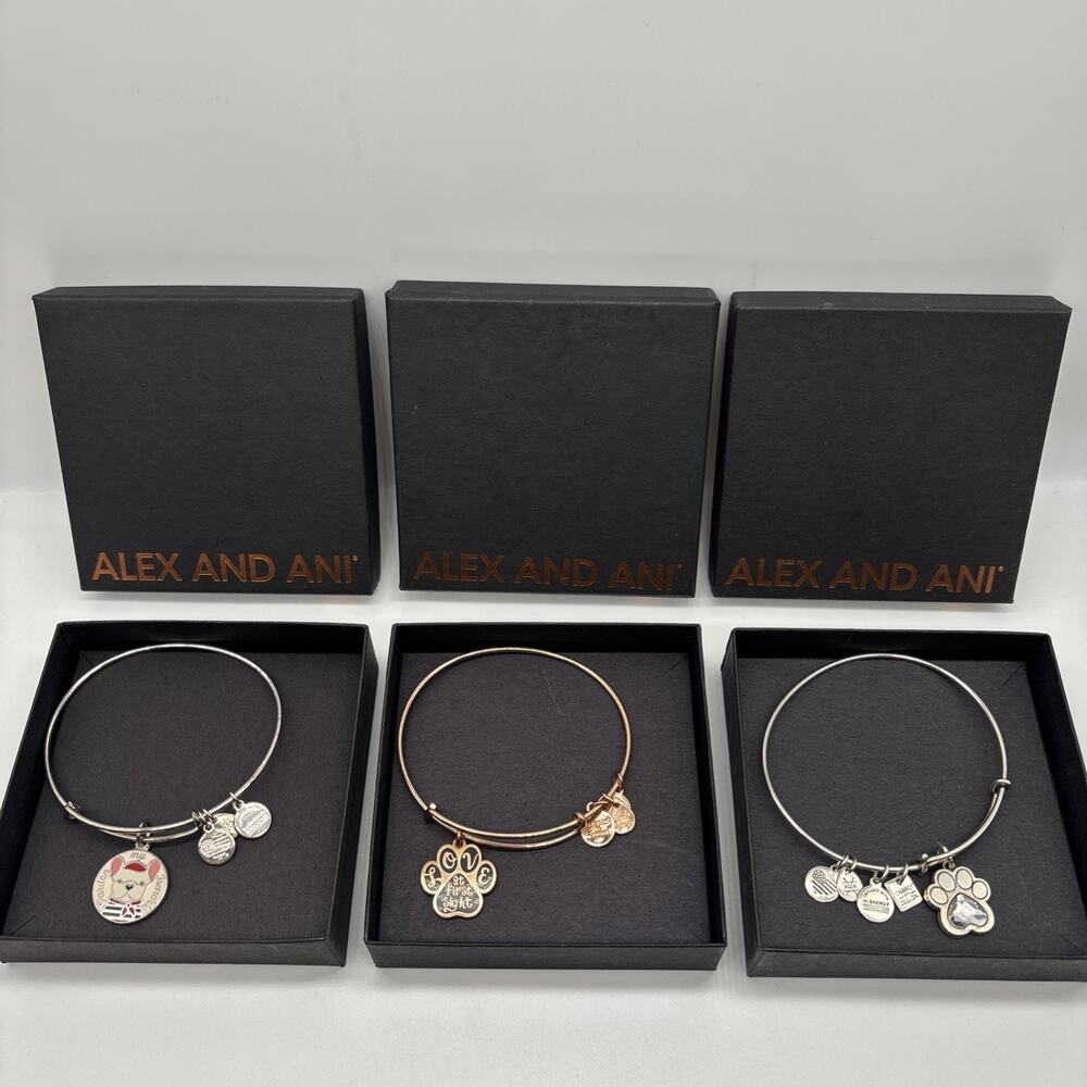 Alex and Ani Pet Dog Paw Print Bangle Bracelet Lot of 3 Set With Boxes